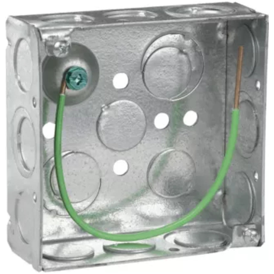 4 Square Box, Steel, Welded, 1-1/2 in.D, (8) 1/2   (4) 1/2 3/4 in. E Side KO, (2) 1/2   (2) 1/2 3/4 in. E Bottom KO, Pigtail