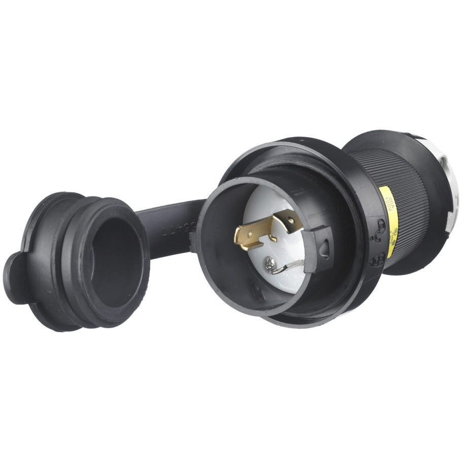 Locking Devices, Twist-Lock, Watertight Safety-Shroud, Male Plug, 20A, 125V AC, 2-Pole, NEMA L5-20P, White PBT clamps.