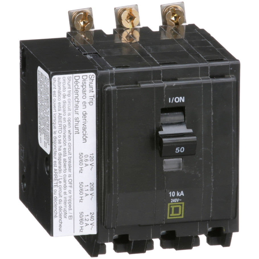 QOB Miniature Circuit Breaker, Bolt On, 3 Pole, 50A, 120/240V, 10kA, Shunt Trip