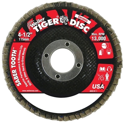 Saber Tooth Ceramic Flap Discs, 4 1/2 in, 80 Grit, 7/8 in Arbor, 13,000 rpm