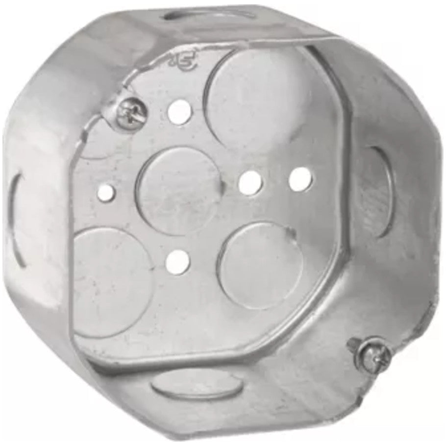 Metallic Device Box, Steel, 4 in Octagonal, 1/2 (3) in K.O., Bottom : 3/4 (2) in K.O., Side : 1 (4) in K.O., 2-1/8 in.