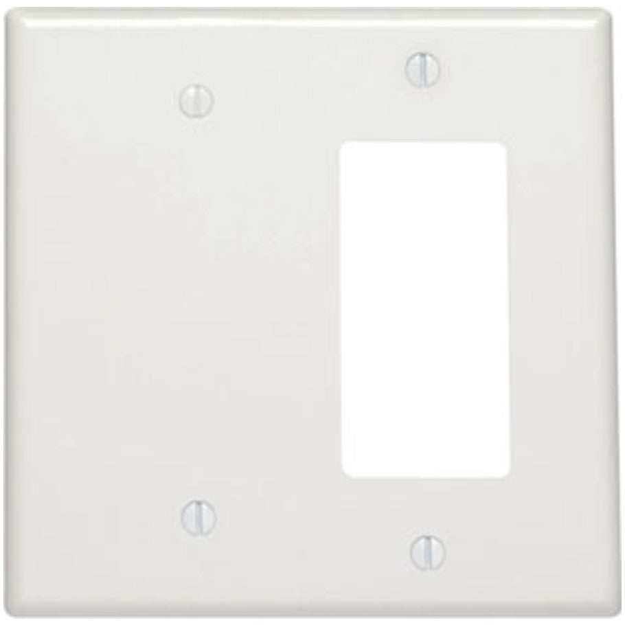 Wall Plate, 2-Gang, (1) Decora/GFCI Device (1) Blank, Strap-Mount, Painted Metal, White