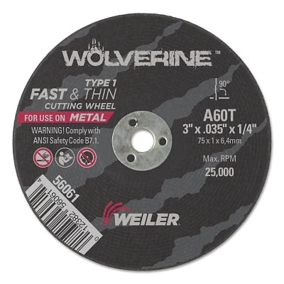 Wolverine Cut-Off Wheel, Type 1, AO, 3 in dia x 1/4 in AH x 0.035 in Thick, 60T, 1 EA/EA