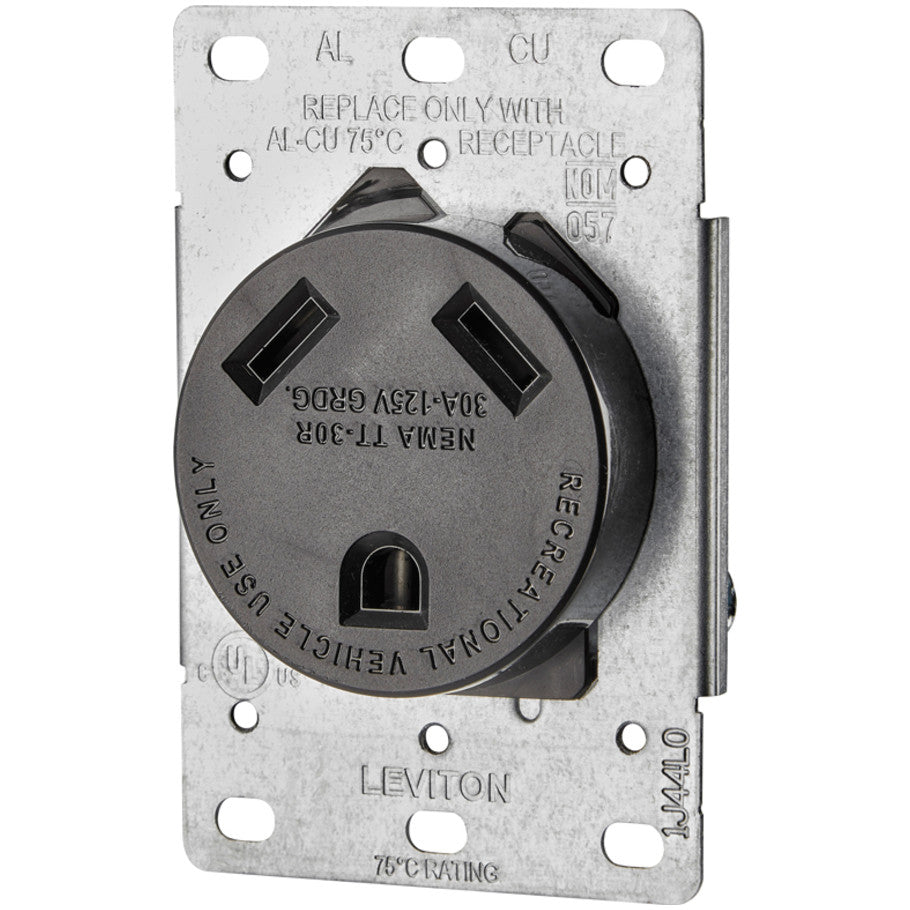 Straight Blade Receptacle, Grounding, 30A, 125V, 2-Pole, 3-Wire, NEMA TT-30R, Maximum of 4 AWG, Side Wired, Black