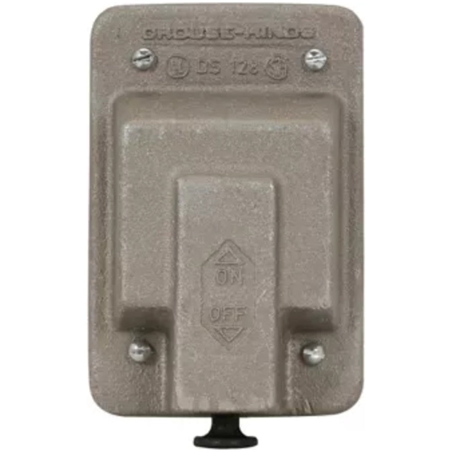 Raintight Snap Switch Cover, Cast Aluminum, 1-Gang, Marked ON-OFF Handle