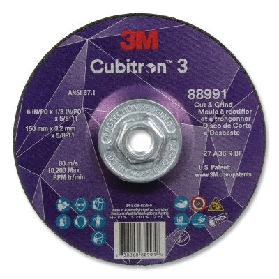 3M 638060-88991 Cubitron 3 Cut and Grind Wheel, 6 in dia x 1/8 in Thick x 5/8 in-11 Arbor, 36+ Grit, T27