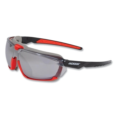 Hyperguard Safety Glasses, Mirror, Polycarbonate, Black Gasketed Frame, Red Temple