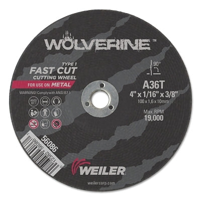 Wolverine Cut-Off Wheel, Type 1, AO, 4 in dia x 3/8 in AH x 1/16 in Thick, 36T, 25 EA/BX