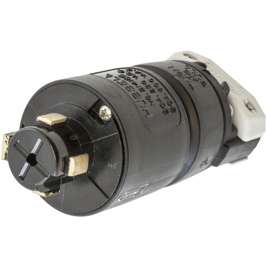 Hubbellock Locking Plug, Non-NEMA, 30A, 600Vac/20A 250Vdc, 3P4W, Black and White
