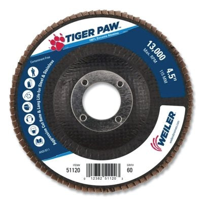 Tiger Paw TY29 Coated Abrasive Flap Disc, 4-1/2 in, 60 Grit, 7/8 Arbor, 13,000 RPM