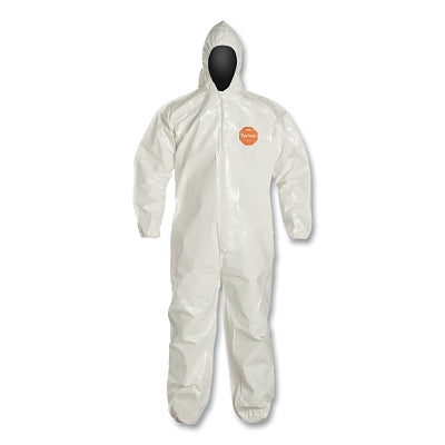 Tychem 4000 Coverall, Bound Seams, Attached Hood, Elastic Wrist and Ankles, Zipper Front, Storm Flap, White, Large