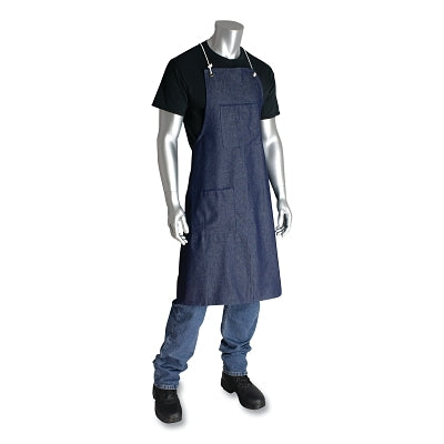 Denim Apron, 28 in W x 38 in L, Blue, Two Pockets