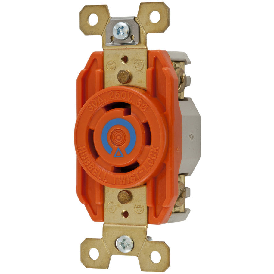 SpikeShield Twist-Lock Isolated Ground Receptacle, Single, Nylon Face, 30A 3-Phase 250V, 3P4W, Orange
