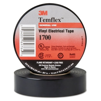3M 571736 Temflex Friction Tape, 3/4 in x 60 ft, 13 mil, Black