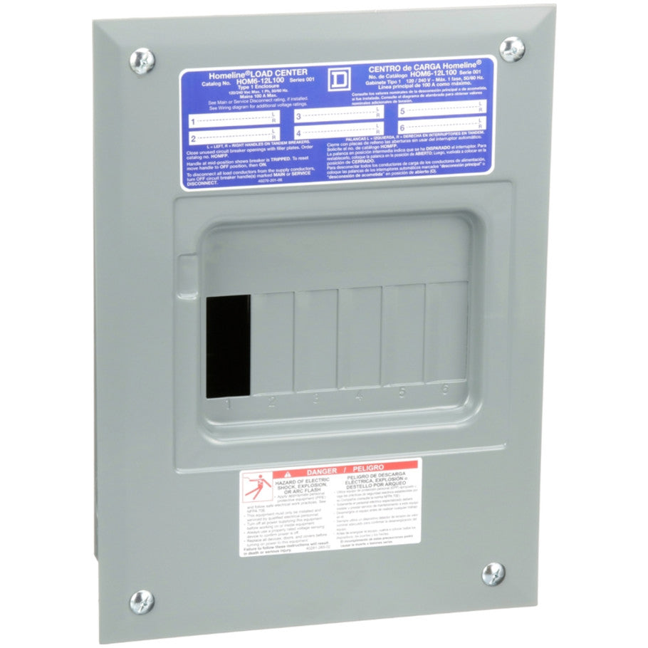 Homeline with Flush Cover, 100A Fixed Main Lug, 1-Phase, 6-Space, 12-Circuit, NEMA 1