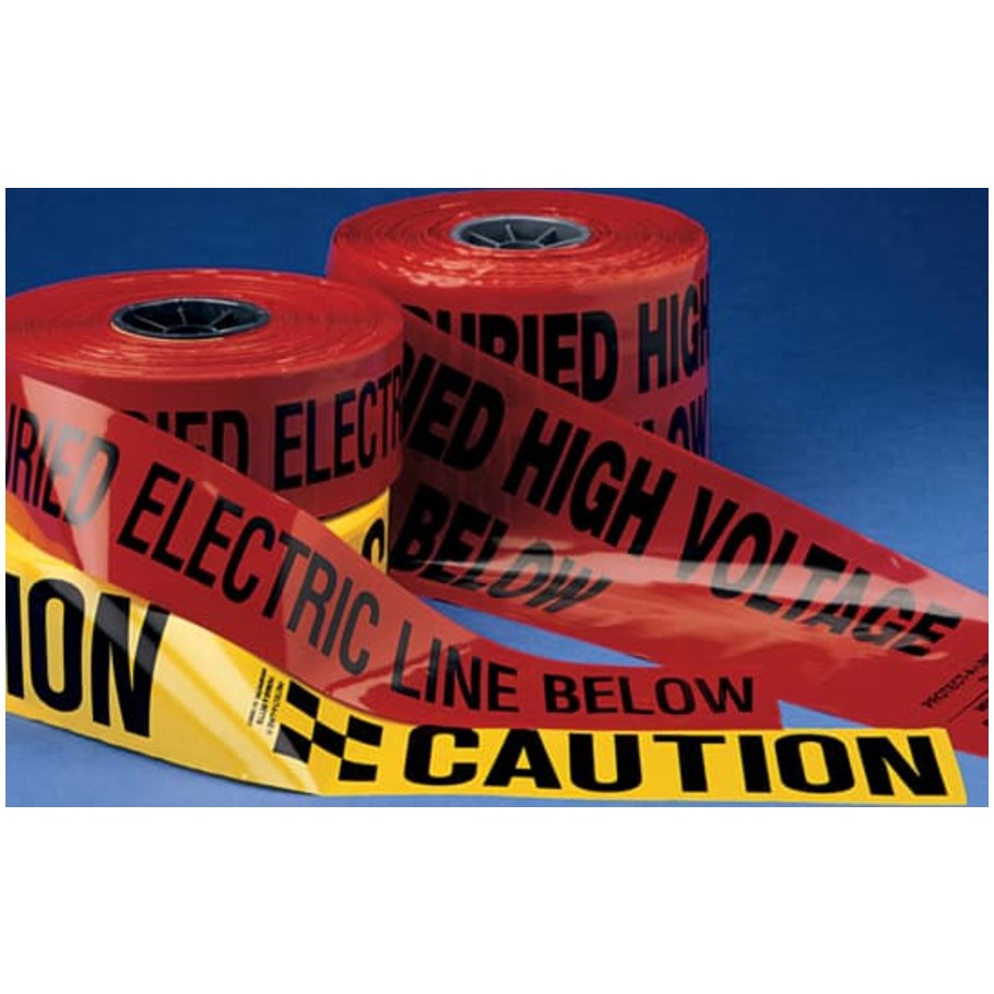 1000-feet x 6-inch black on red E-Z Code buried utility tape. Legend CAUTION BURIED ELECTRIC LINE BELOW.