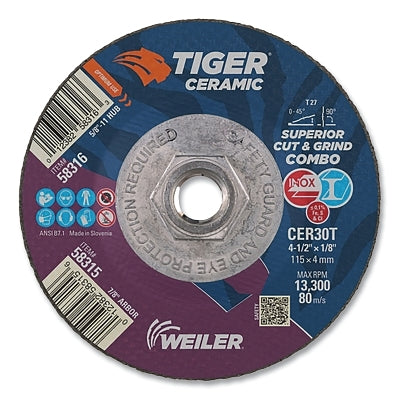 Tiger Ceramic Combo Wheels, 4.5 in Dia, 1/8 in Thick, 5/8 in Arbor,10/bx