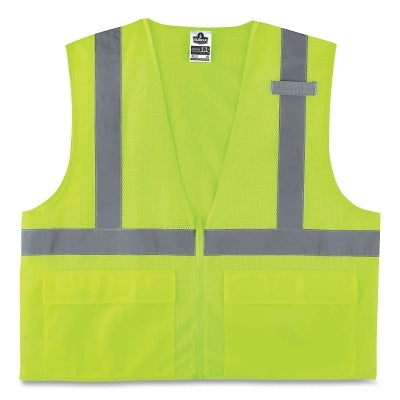 GloWear Safety Vest, 8220Z, Mesh, Class 2, Type R, Reflective Strip, 3 Pockets, Zipper, Large/X-Large, Lime