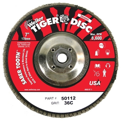 Saber Tooth Ceramic Flap Discs, 7 in, 36 Grit, 5/8 Arbor, 12,000 rpm