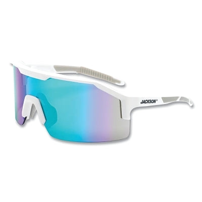 Maxview+ Safety Glasses, Green Mirror, Polycarbonate, Hard Coated, Anti-Scratch, White Half Frame, Gray Temple