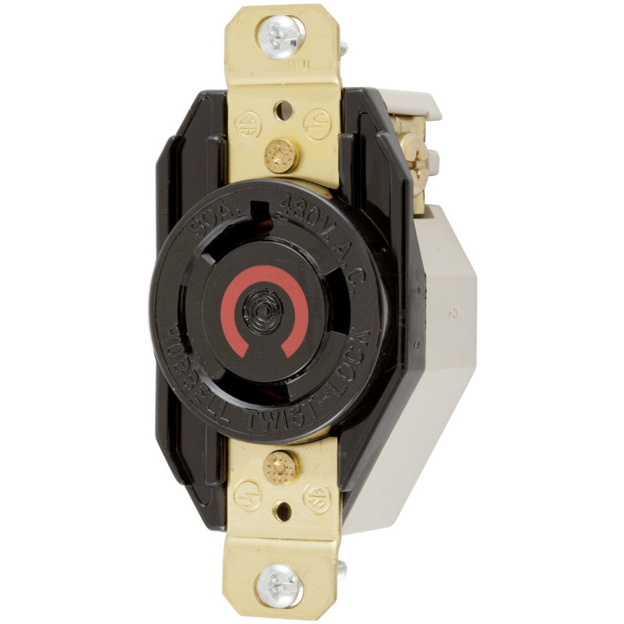 Twist-Lock Receptacle, Single, Flush, 30A, 480V, 2P3W, Black Nylon