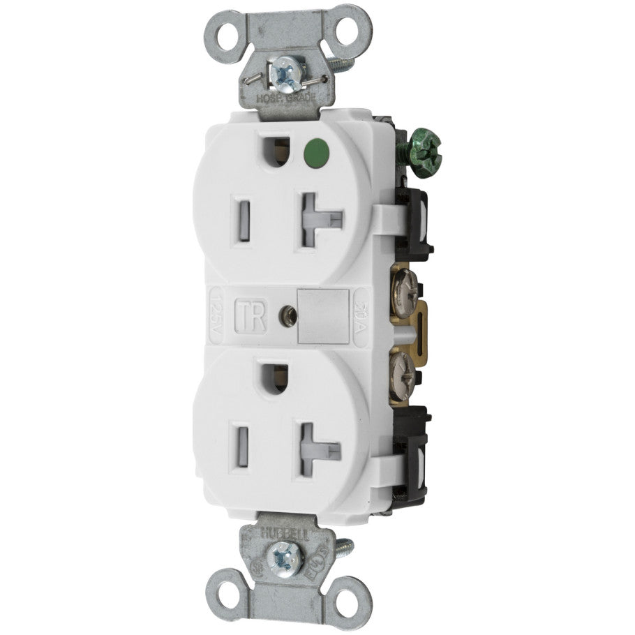 Hubbell-Pro Duplex Receptacle, Hospital Grade, Tamper-Resistant, 20A, 125V, 2P3W, Smooth Circuit ID Face, White