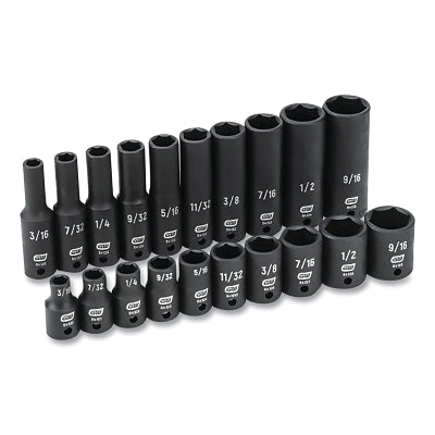 Impact Socket Set, 1/4 in Dr, 6-point, SAE, 3/16 in to 9/16 in, 20-Pc Deep/Standard Lengths, Incl Blow Mold Case