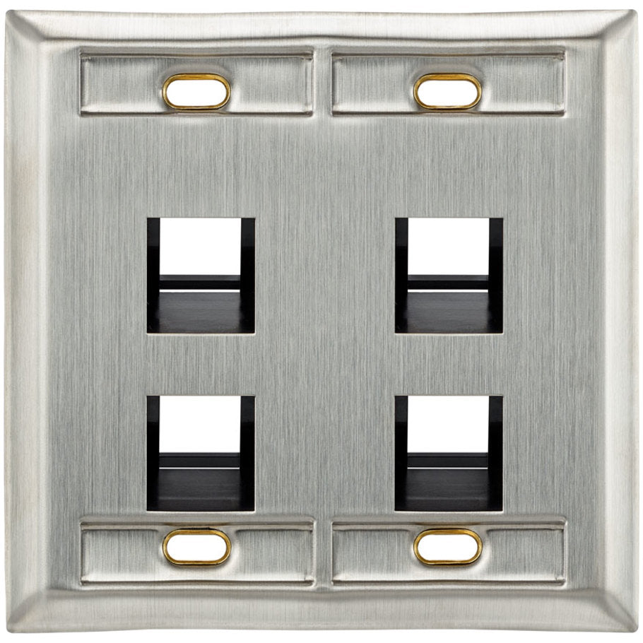 QuickPort Angled Wallplates With ID Windows, Stainless Steel, 2-Gang, 4-Port
