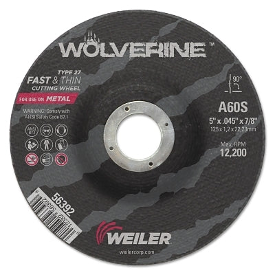 Wolverine Cutting Wheel, A60S, 5 in dia, 0.045 in Thick, 7/8 in AH, 60 Grit, Type 27