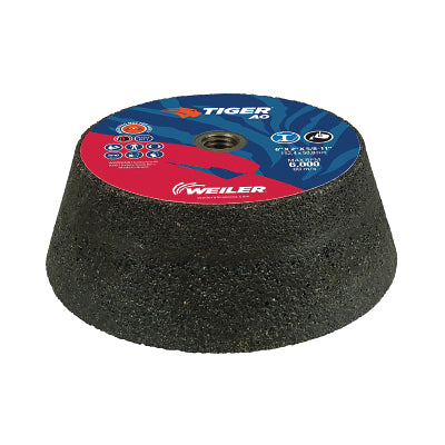 Weiler Tiger Flaring Cup Wheel, 6 in/4-3/4 in dia x 2 in T x 5/8 in-11 Arbor, 1 in Rim, 16 Grit, AO, Type 11, 5 EA/BX