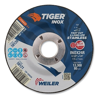 Tiger Inox Grinding Wheel, 4-1/2 in Dia, 1/4 in Thick, 7/8 in Arbor