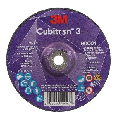 3M 638060-90001 Cubitron 3 Depressed Center Grinding Wheel, 4 in dia x 1/4 in Thick x 3/8 in Arbor, 36+ Grit, T27