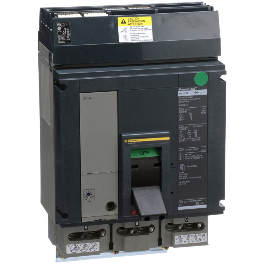 Circuit breaker, PowerPacT P, 1200A, 3 pole, 600VAC, 18kA, I-Line, ET1.0l, 80 , ABC