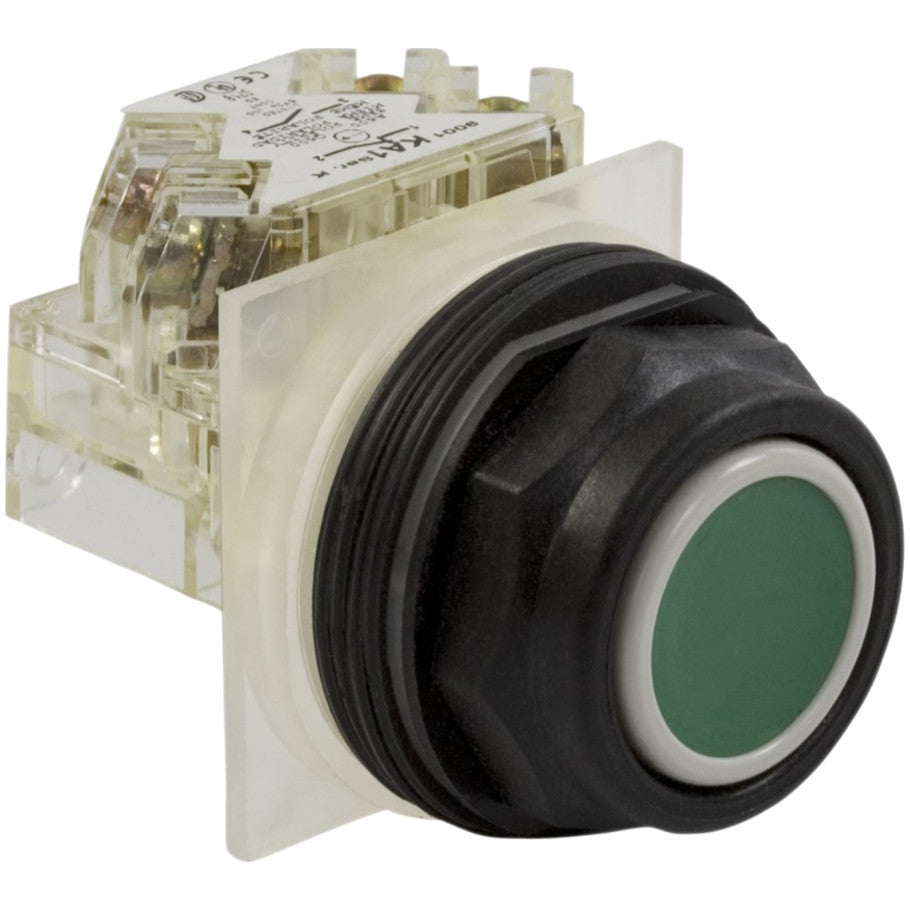 Push button, Harmony 9001SK, plastic, flush, green, 30mm, spring return, 1 C/O