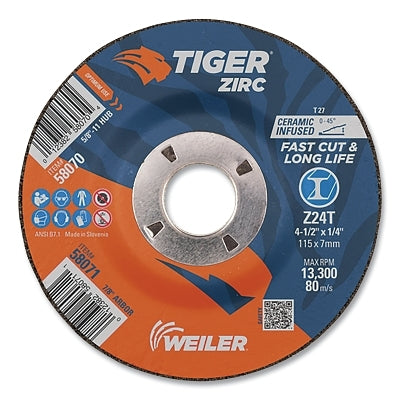 Tiger Grinding Wheel, 4-1/2 in dia x 1/4 in Thick x 7/8 in Arbor, 24 Grit, Zirconia Alumina/Ceramic, Type 27, 10 EA/PK