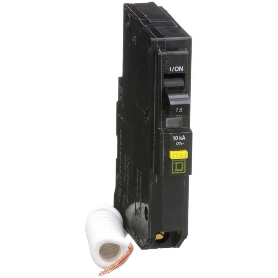 Mini circuit breaker, QO, 15A, 1 pole, 120VAC, 10kA, plug in, 6mA grd fault A, pigtail,  TAA