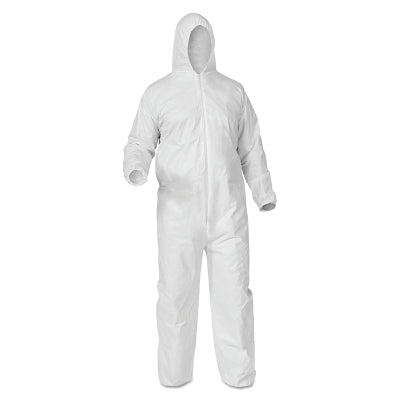 A35 Economy Liquid and Particle Protection Coveralls, Zipper Front/Elastic Wrists/Ankles/Hood, White, Lrg