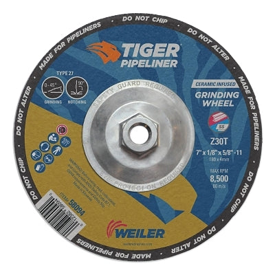 Tiger Pipeliner Grinding Wheel, 7 in dia X 1/8 in Thick x 5/8 in-11 Hub, Z30T, Type 27