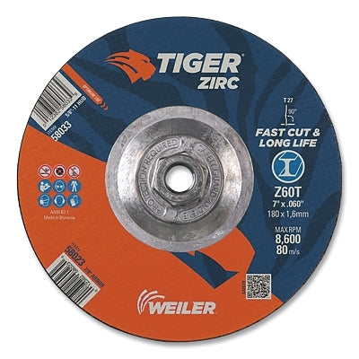 Tiger Zirc Cutting Wheel, 7 in dia, 0.060 in Thick, 5/8 in-11 UNC Arbor, Zirconia Alumina,Type 27, Z60T