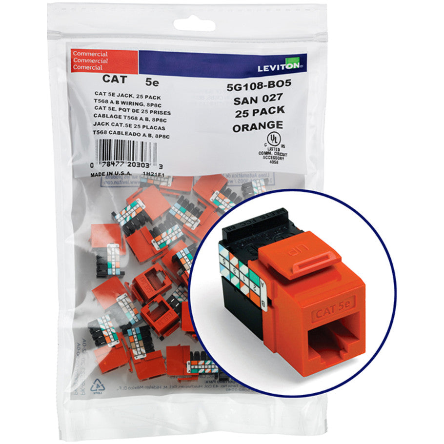 GigaMax Cat 5e QuickPort Connector Quickpack, Orange, 25 Pack