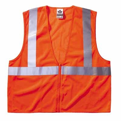 GloWear Safety Vest, 8210Z, Mesh, Class 2, Type R, 2 in Reflective Tape, 2 Pockets, Zipper, Large/X-Large, Orange