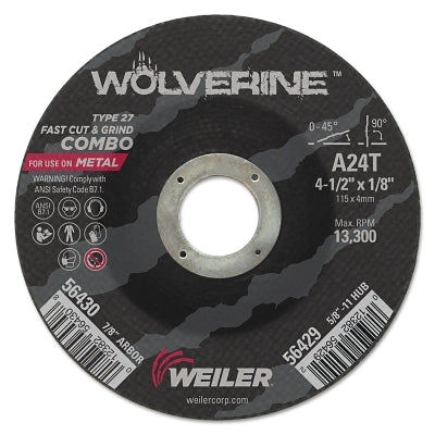 Wolverine Combo Wheel, 4 1/2 in Dia, 1/8 in Thick, 7/8 in Arbor, 24 Grit, R