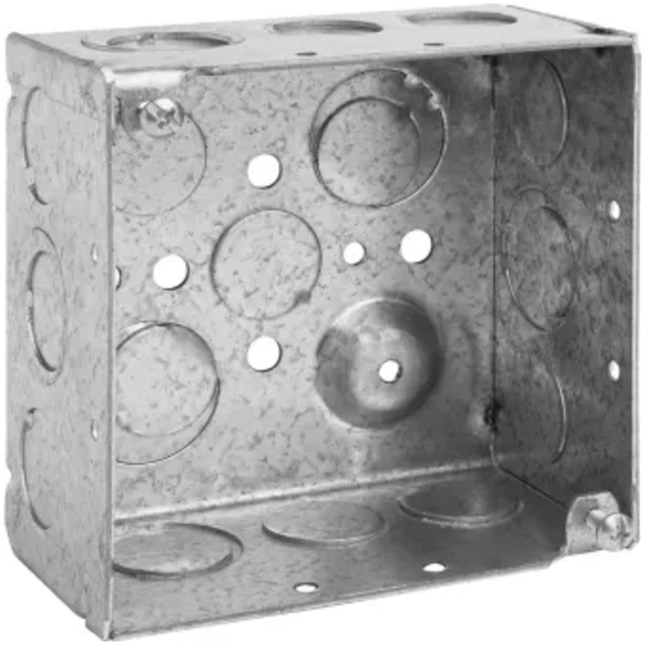 4 Square Box, Steel, Welded, 2-1/8 in. D, (8) 1/2   (4) 1/2 3/4 in. E Side KO, (2) 1/2   (2) 1/2 3/4 in. E Bottom KO