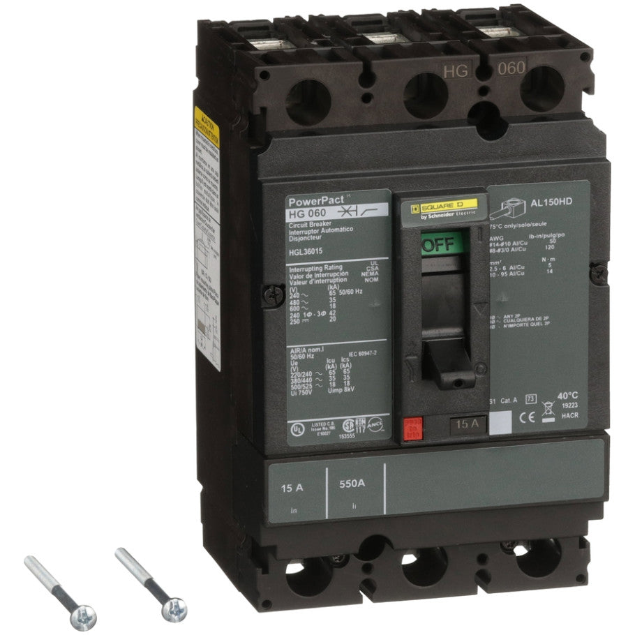 PowerPact Molded Case Circuit Breaker, H-Frame, Unit Mount, 18 kA, 600V, 3-Pole, 15A