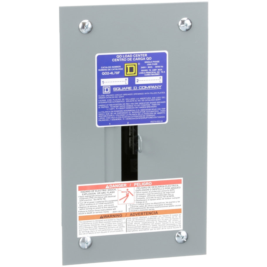Load center, QO, 1 phase, 2 spaces, 4 circuits, 70A fixed main lugs, NEMA1, flush cover