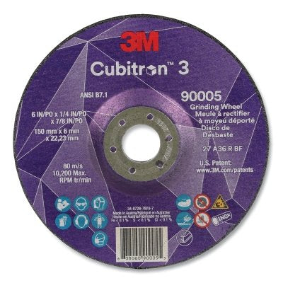 3M 638060-90005 Cubitron 3 Depressed Center Grinding Wheel, 6 in dia x 1/4 in Thick x 7/8 in Arbor, 36+ Grit, T27