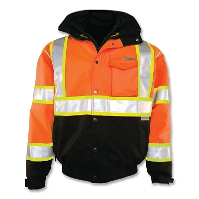 Premium BRILLIANT SERIES Bomber Jacket, 300D Ripstop, 2X-Large, Orange/Black/Reflective w/3 in Lime Contrasting Stripes