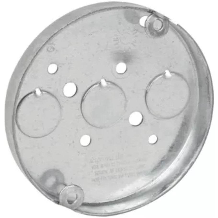 Ceiling Fan Box, Steel, UL Listed, 4 in. Dia.,  1/2 in. D, NM Snap-In Connector, (3) 1/2 in. Bottom KO