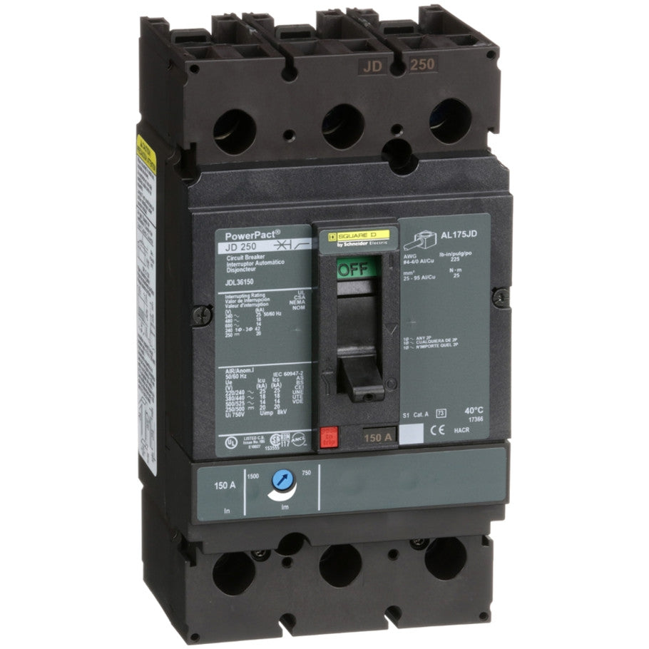 PowerPact Molded Case Circuit Breaker, J-Frame, Thermal Magnetic, Unit Mount, 14kA, 600 Vac/250 Vdc, 3-Pole, 150A