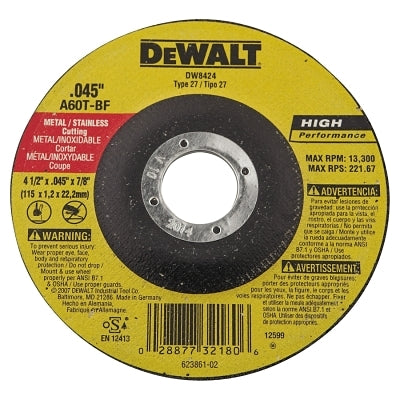 High Performance Cutting Wheel, Type 27, 4-1/2 in dia x 0.045 in Thick x 7/8 in Arbor, 60 Grit, Aluminum Oxide